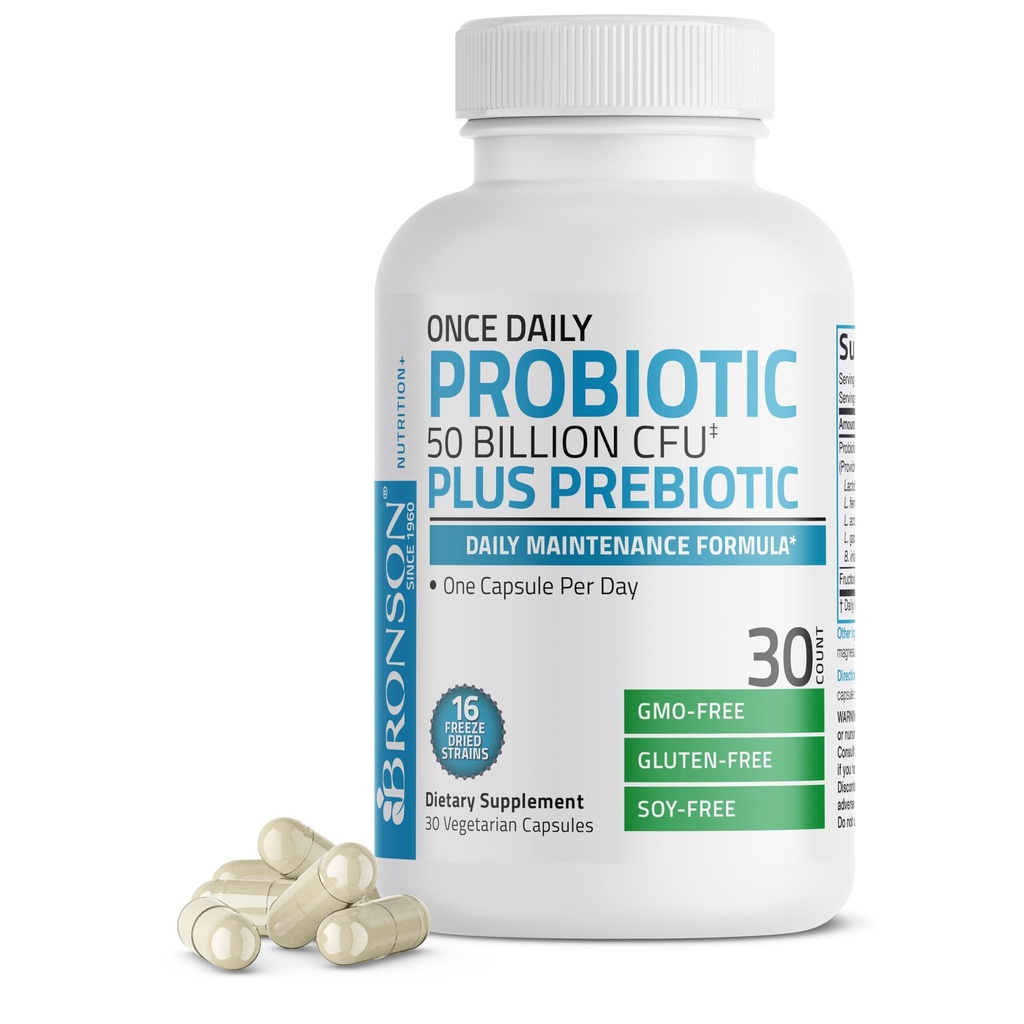Bronson Once Daily Probiotic 50 Billion CFU Plus Prebiotic Daily Maintenance Formula One Capsule Per Day Non-GMO, 30 Vegetarian Capsules