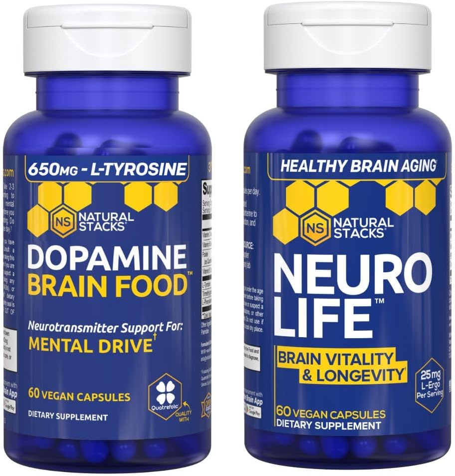 NATUURLIJKE STAKKEN NeuroLife + Dopamine Brain Food Bundle - Ondersteunt Mental Drive & Brain Longevity* - 120 Totaal Capsules
