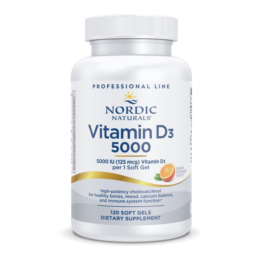 Nordic Naturals Pro Vitamine D3 5000, Oranje - 120 Mini Zachte Gels - 5000 IE Vitamine D3 - Ondersteunt gezonde botten, Mood & Immuun System Function - Non-GMO - 120 porties