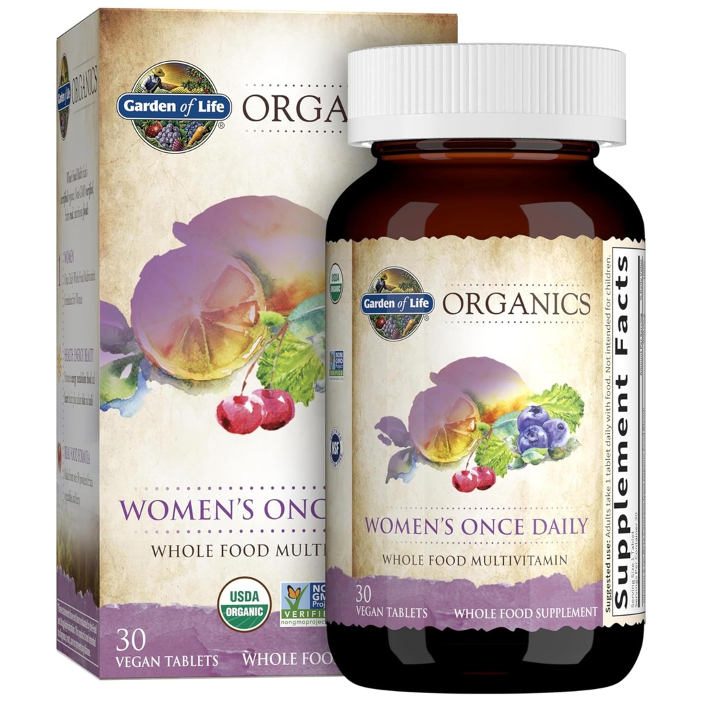 Garden of Life Organics Multivitamin for Women - Women's Once Daily Multi - Whole Food Multi with Iron, Biotin, Vegan Organic Womens Multivitamin for Health, Energy Hair Skin and Nails, 30 Tablets