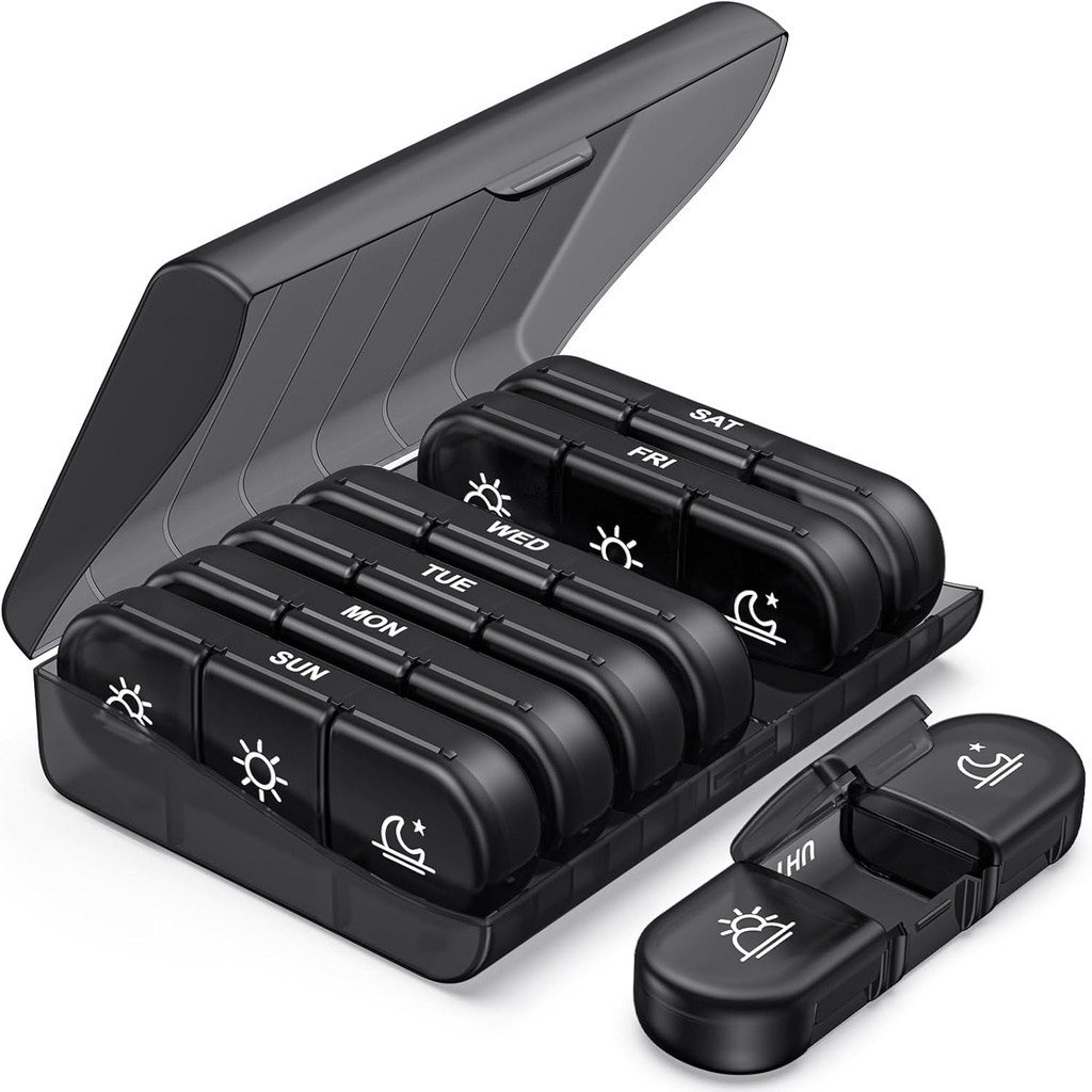 PULIV Weekly Pill Organizer 3 keer per dag, Portable Travel Pill Box 7 dag met grote pil containers, licht bewijs pil geval voor vitamines, medicijnen, supplementen en visolie (zwart)
