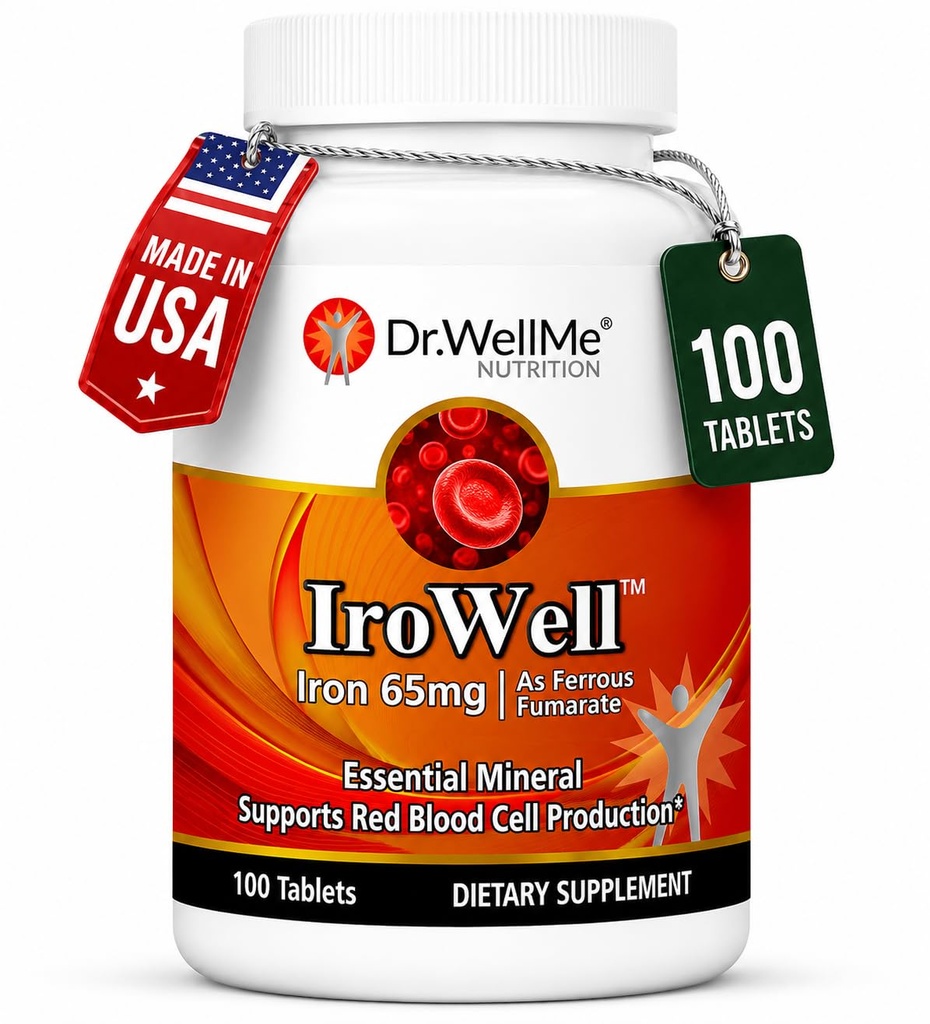 Irowell Iron Tablets 65mg 100 tabletten voor een volledige 100-dagen levering Ferrous Fumarate voor energie, spierkracht en immuniteit IJzer Supplement voor mannen en vrouwen