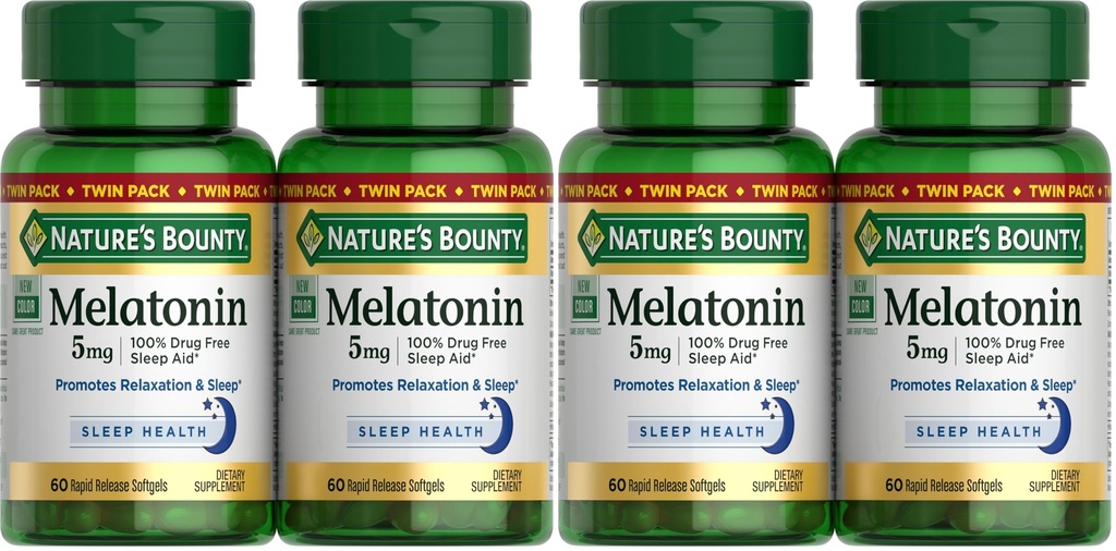 Nature's Bounty Melatonine 5mg, 100% Drug Gratis Slaaphulp, Dieetsupplement voor Relaxatie en Slaap Gezondheid - 4 maanden Supply, 60 Rapid Release Softgels Twin Pack (120ct) (Pack of 2)