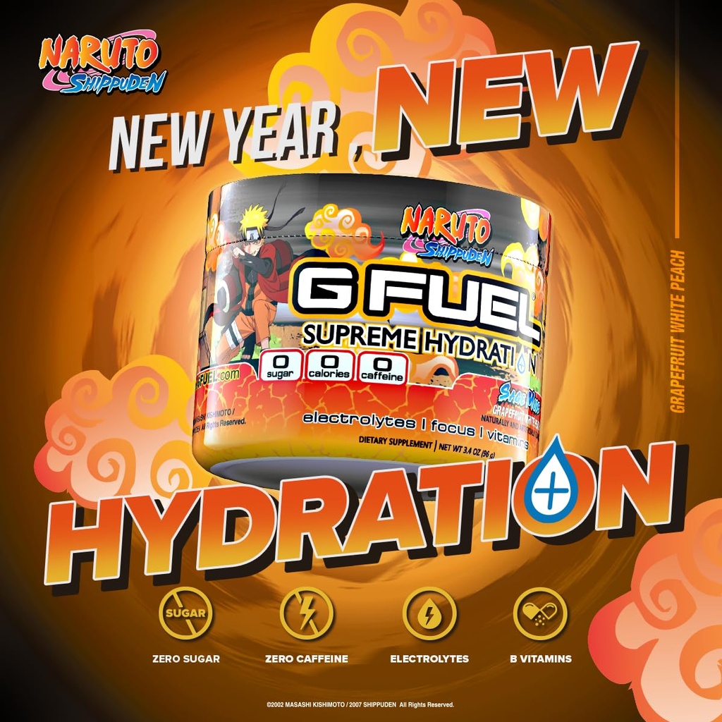 G Fuel Naruto Sage Supreme Hydration, Electrolyte Powder Mix for Energy & Focus, Sugar & Cafeine Free Supplement with Essential Vitamines & Minerals, Grapefruit WhitePeach Flavor, 3.3 oz - 30 Servers