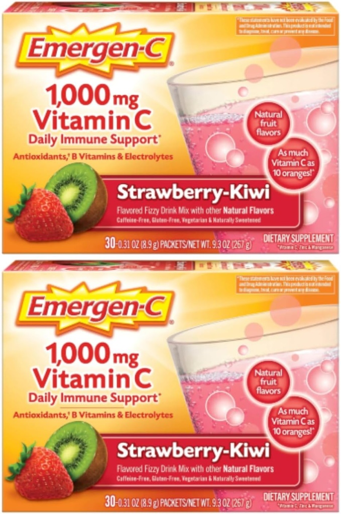 Emergen-C 1000mg Vitamine C Poeder, Aardbei Kiwi Smaak, Antioxidanten, B Vitaminen en Elektrolyten, Vitamine C Supplementen voor Immune Ondersteuning, 30 Tellen (pakket van 2)