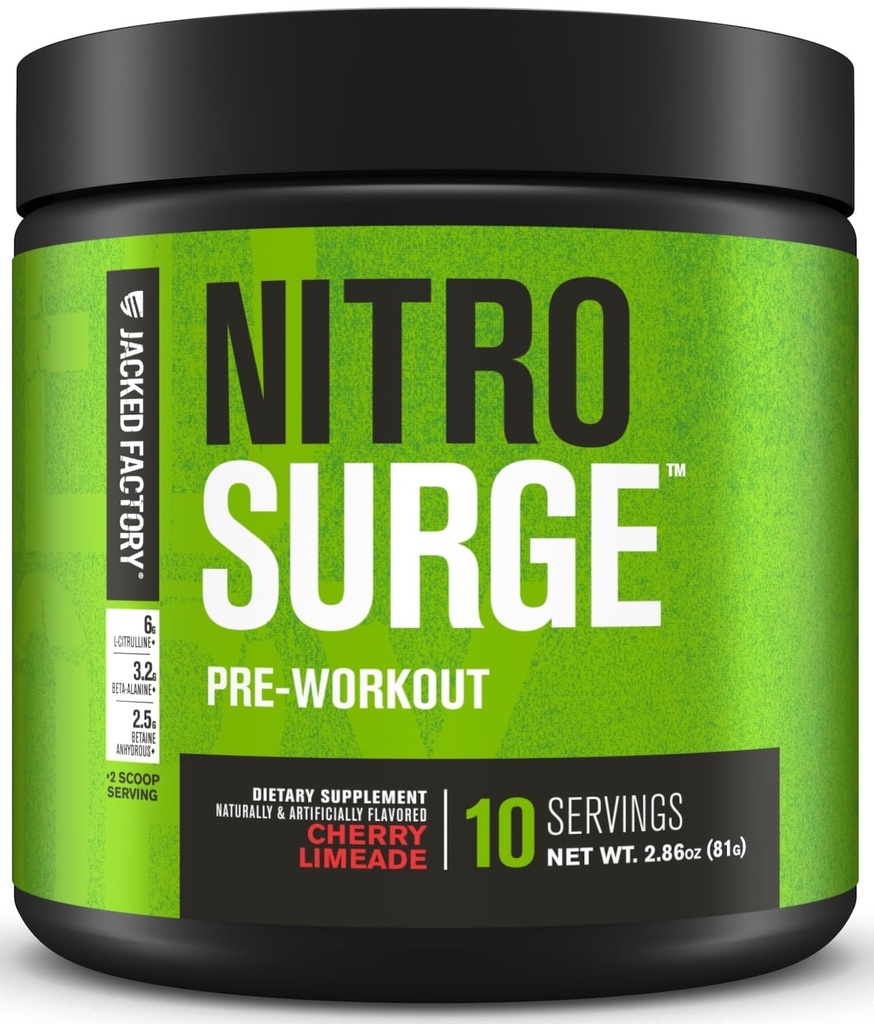 Jacked Factory NITROSURGE Pre Workout Supplement - Endless Energy, Instant Strength Gains, Clear Focus, Intense Pumps - NO Booster & Preworkout Powder with Beta Alanine - 10 Servings, Cherry Limeade