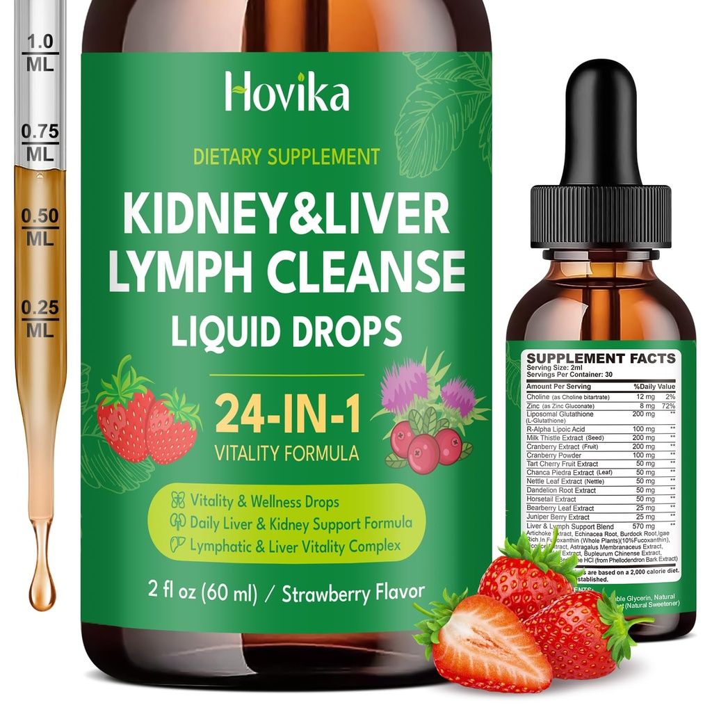24-in-1 Kidney & Liver, Lymph Cleanse Detox & Repair Drops, Three Immune Formula with Cranberry, Milk Thistle, Vegan Urinary Tract & Lymphatic Drainage & Liver Repair | Strawberry Flavor, 2 FL Oz