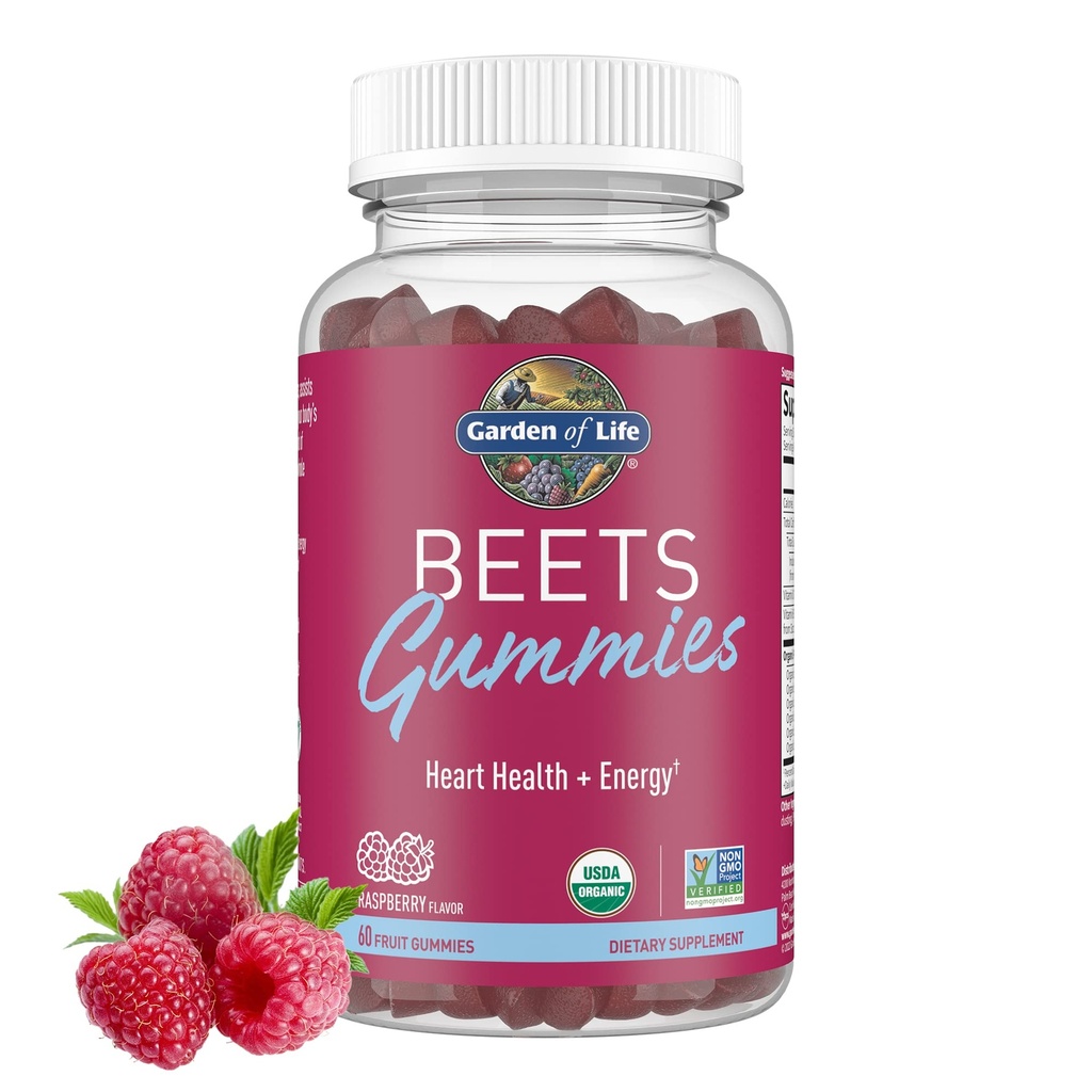 Tuin van het leven Biologische Beet Root Gummies Gemaakt van pectine met Antioxidanten, Vitamine C, Vitamine D & B12 voor Hart Gezondheid & energie Bieten Gummies, Glutenvrij, Niet GGO, Raspberry, 30 Servers