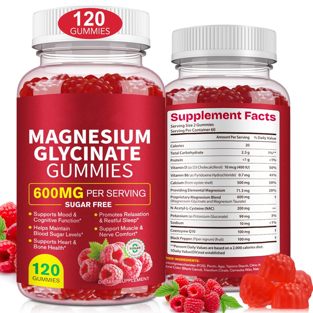 Magnesium Glycinate Gummies (Raspberry) 600mg, Sugar Free with Magnesium L-Threonate, Calcium, Potassium, Vitamin D3, B6 & CoQ10, High Absorption Support for Relaxation,Muscles & Energy, 120 Count