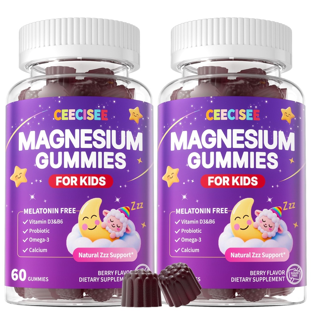 Magnesium Gummies Supplement for Kids 4+: Organic Chewable Supplement with Citrate Magnesium VitaminB6 D3 Zinc L-Theanine - Extra Strength Zzz Aid Overall Health Support for Kids(120Count)