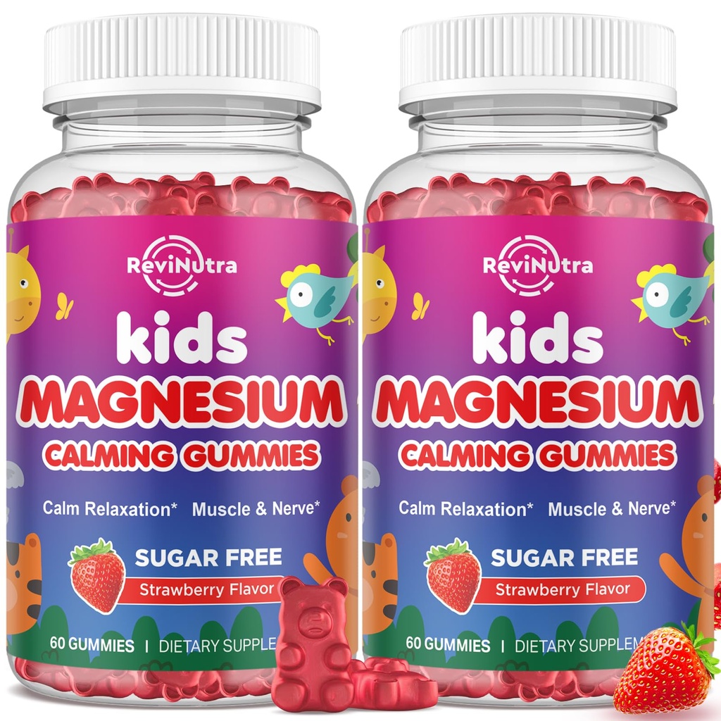 2 Pack Magnesium Gummies for Kids - Magnesium Glycinate Gummies with L-Theanine, Chamomile, Licorice, Vitamin B6, D for Kids & Adults Sleep, Muscle Relief & Nerve Bone - Strawberry 120ct
