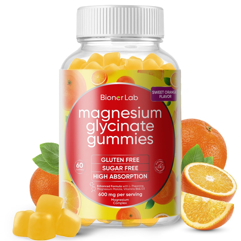Magnesium Glycinate Chewable Gummies (600mg) for Kids & Adults Women Men - Vegan Complex with Calcium Potassium Vitamin D B6 L-Theanine Advanced Magnesium Complex - Sugar & Gluten Free - Orange Flavor