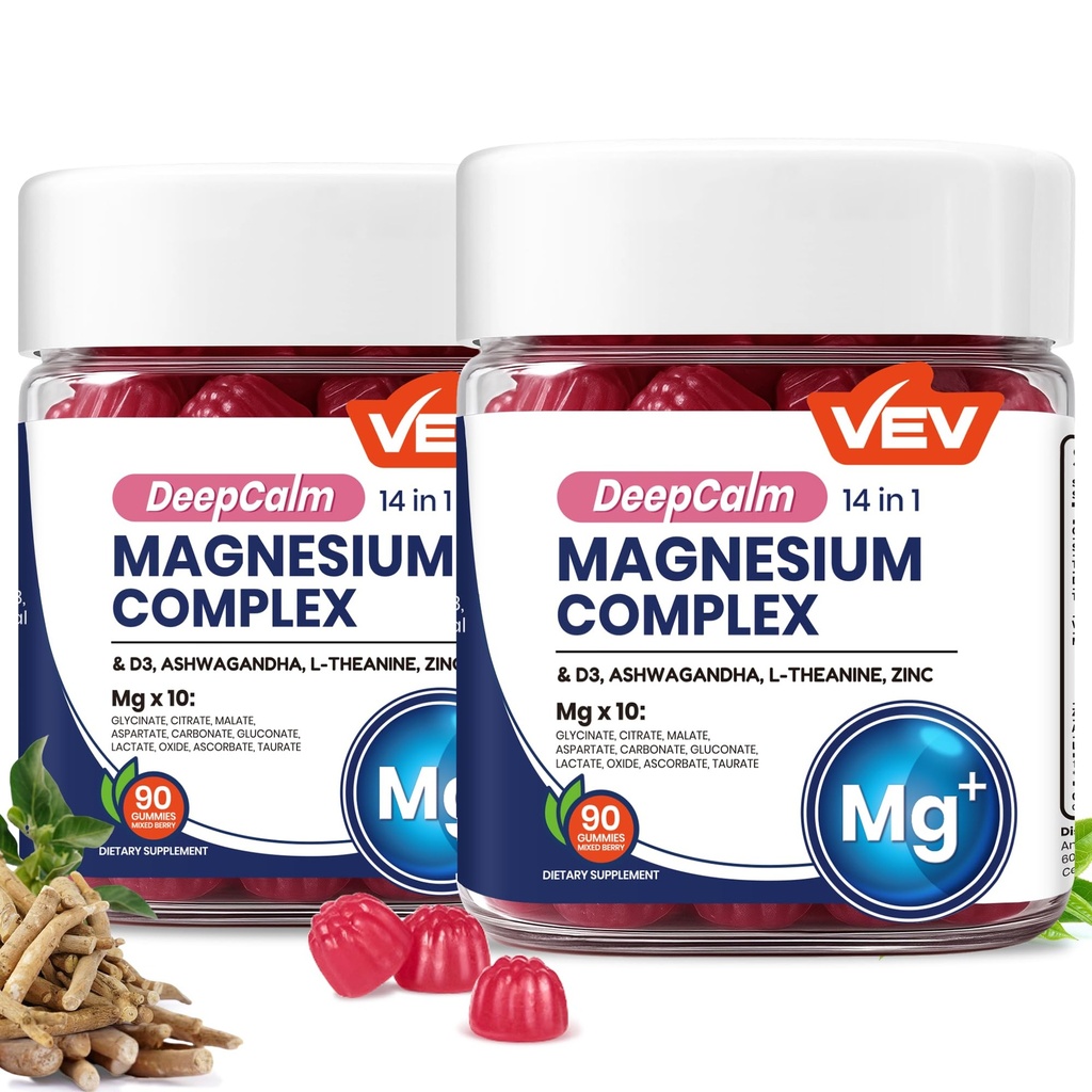 VEV Complexe de magnésium profondément calme 14-en-1 Gummies avec Ashwagandha, L-Theanine, vitamine D3 et zinc pour les femmes et les hommes, Glycinat de magnésium végétalien, 180 Gummies Total, paquet de 2