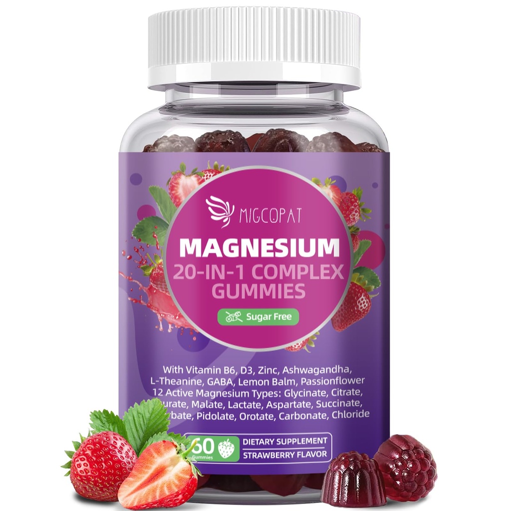 Migcopat Magnesium Complex Gummies, 20 in 1 Magnesium Gummy with Glycinate Citrate Malate Taurate - Ashwagandha, L-Theanine, D3&Zinc for Relaxation, Sleep, Muscle&Heart Support, Strawberry, 60 Cts