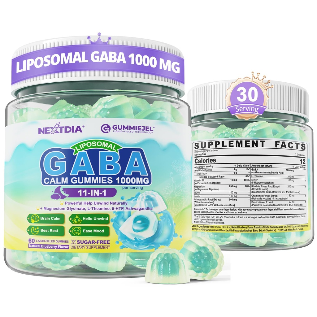 GABA Gummies 1000mg - Liposomal Calm Mood Gummies with L-Theanine, Magnesium Glycinate, Ashwagandha, 5htp, Inositol, Melatonin-Free for Zzz Better, GABA Supplements for Adult, Sugar-Free 60Cts