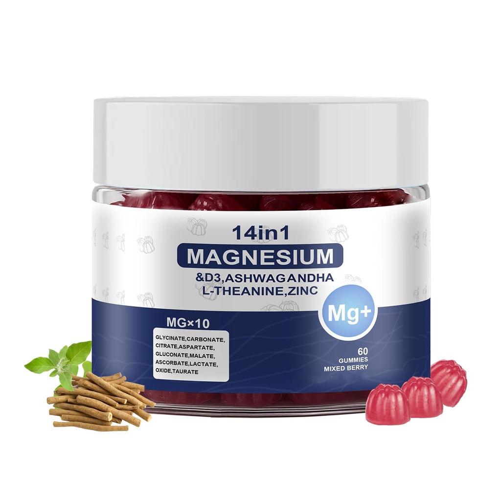Magnesium Complex Gummies for Women & Men, Calm Magnesium Gummies for Women & Men, 14-in-1 with Ashwagandha, L-Theanine, Vitamin D3 & Zinc, 60 Count (1)