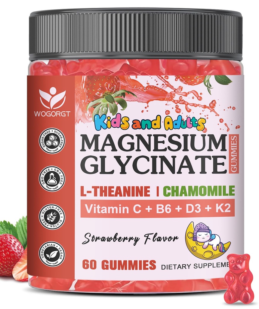 Magnesium Glycinate Gummies for Kids & Adults - Relaxation & Cognition Support - 400/200mg Magnesium Supplement with L-Theanine, Chamomile, B6, D3 & K2 - Vegan, Sugar Free, Strawberry Flavor, 60 Ct