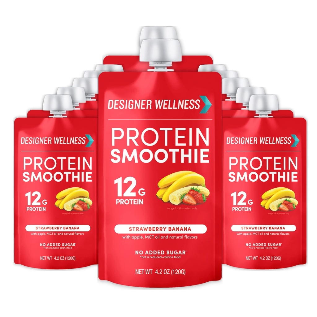 Designer Wellness Protein Smoothie, Real Fruit, 12g Protéines, Faible Carb, Zéro Sucre ajouté, Sans gluten, Non-OGM, Pas de colorants ou de saveurs artificiels, Banane de fraise, 12 Compte