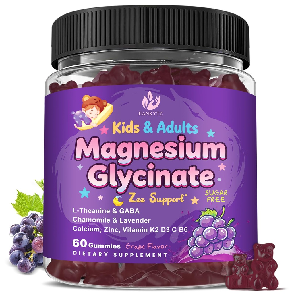 Sugar Free Magnesium Glycinate Gummies for Kids & Adults - Zzz Support, Relaxation & Cognition Support, 200/400mg Magnesium Gummies with L-Theanine, GABA, Calcium, B6, D3, C & K2, Grape Flavor, 60 Ct