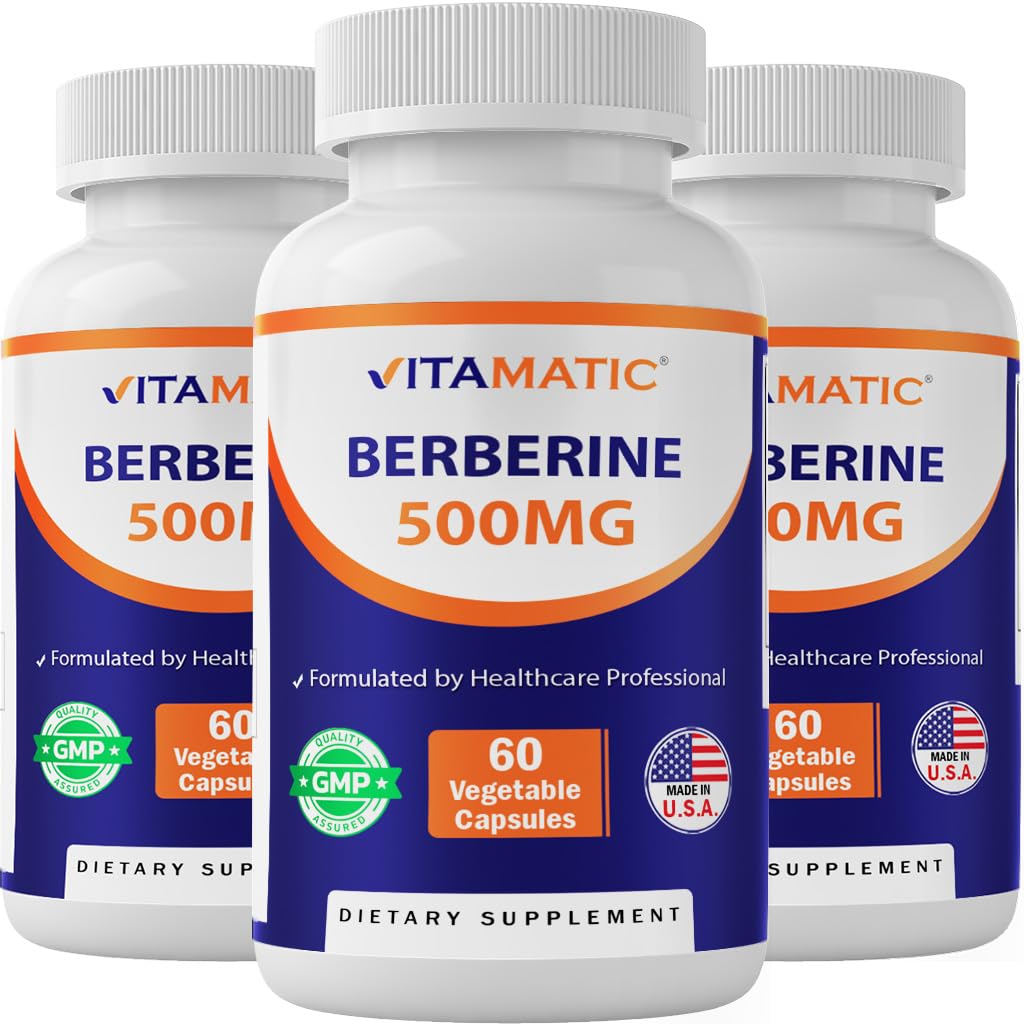 Vitamatic Berberine Supplement 500mg - 60 Vegetable Capsules - Made in The USA - Gluten Free - Non-GMO (3 Bottles)