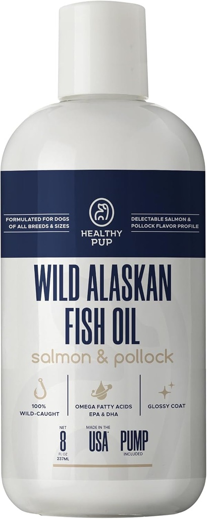 Wild Alaska Salmon Oil for Dogs with Pollock - 8 oz van Pollock en Salmon Oil, Omega 3, EPA, en DHA - Dogs Skin and Coat Supplement - Made in USA
