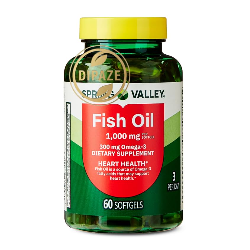 Spring Valley Omega-3 Fish Oil Softgels, 1000 mg, 60 Count – Fish Oil Dietary Supplement – Omega-3 Supplement – Daily Nutritional Support + Dipaze Gift (Container)