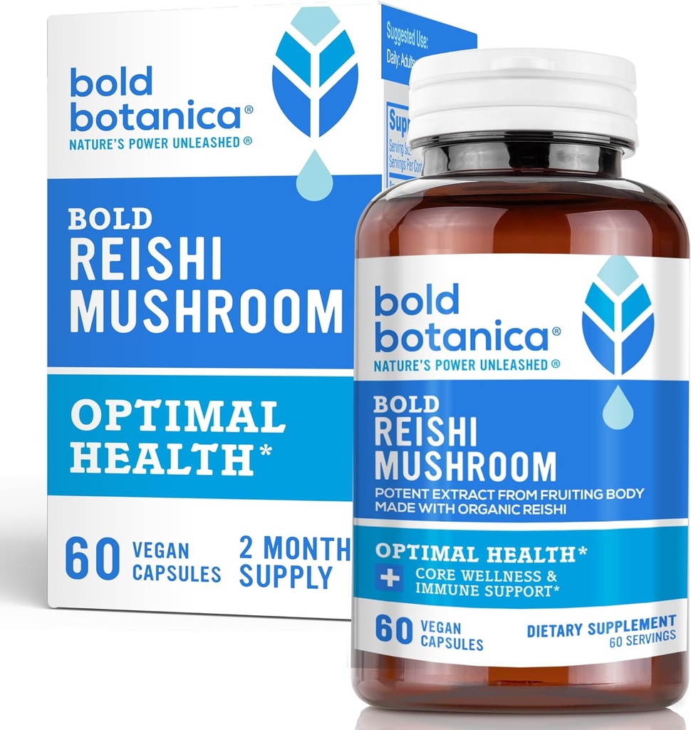 Bold Botanica Reishi Mushroom Capsules - 100% vruchtlichaam - Geconcentreerde biologische Reishi Extract voor Immune Ondersteuning & Core Wellness - No Mycelia & No Grain - 60 Vegan Capsules