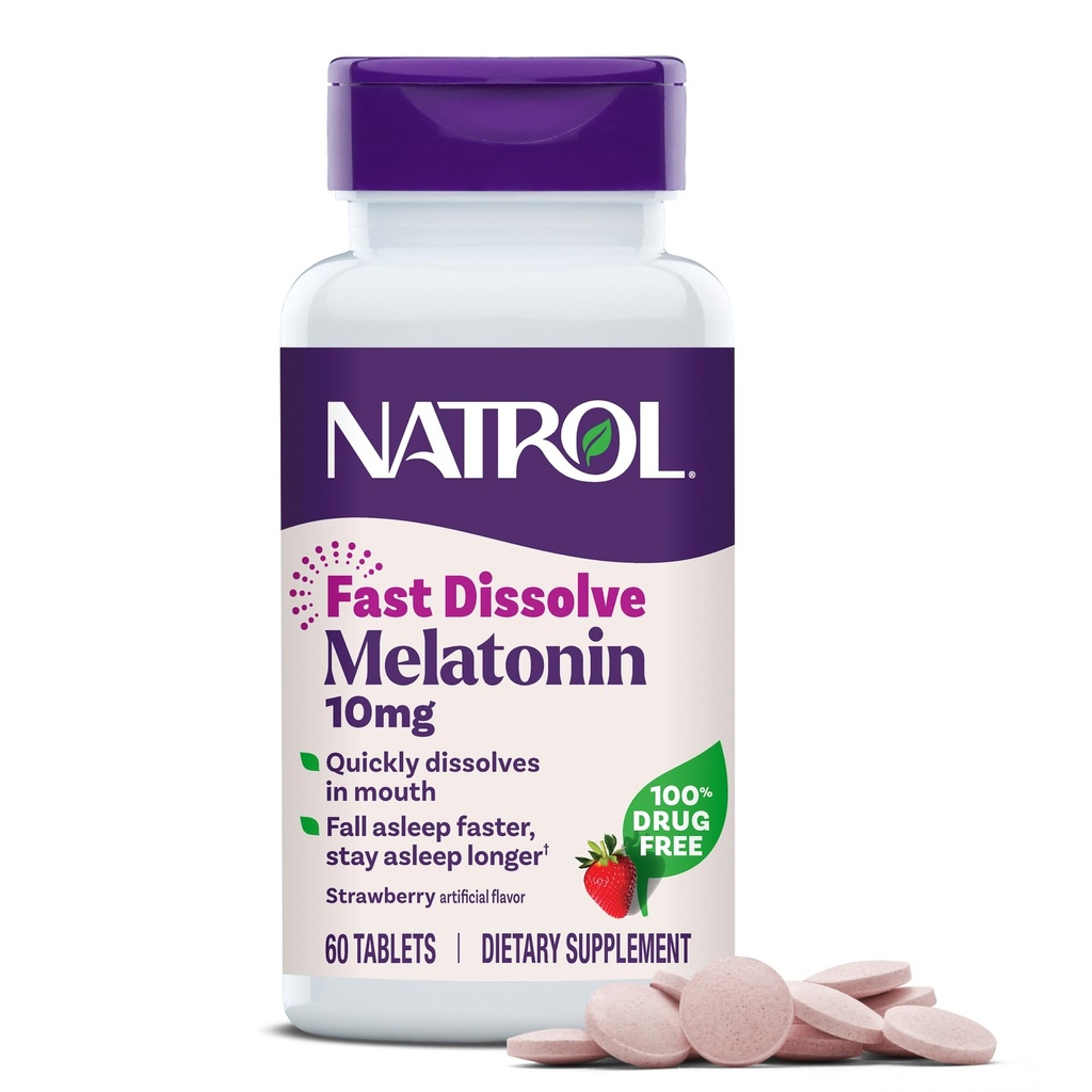Natrol Melatonin 10mg Comprimés à dissolution rapide - Fraise, 60 Compte, Soutien au sommeil, Melatonine à dissolution rapide pour les adultes, 60 jours d'approvisionnement