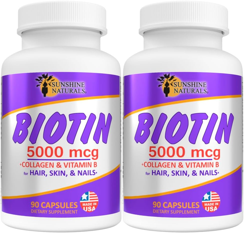Sunshine Naturals Biotin Dieetsupplement. voor gezondere huid, dikker haar, Nagelgroei. Collageen, vitamine A, B voor haarverlies, schoonheid, celvernieuwing, Scalp Health. 5000 mcg. 90 capsules. Verpakking van 2
