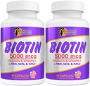 Sunshine Naturals Biotin Dieetsupplement. voor gezondere huid, dikker haar, Nagelgroei. Collageen, vitamine A, B voor haarverlies, schoonheid, celvernieuwing, Scalp Health. 5000 mcg. 90 capsules. Verpakking van 2