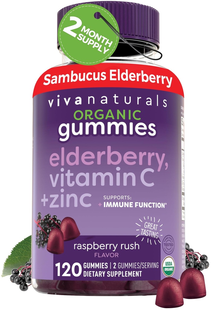 Viva Naturals Biologische Sambucus Vlierbessen Gummies voor Volwassenen (120 Telling) - 3in1 Zwarte Vlierbessen Vitamine C en Zink Immune Ondersteuning Gummies, Kauwbare Vlierbessen Supplementen, Zink Immuniteit Gummies