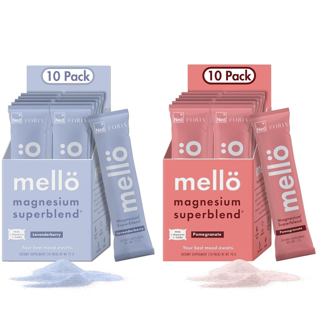 mellö Magnesium Superblend Bundle - Pomegranate & Lavenderberry - Magnesium Glycinate with L-Theanine, GABA & Trace Minerals - Supports Sleep, Relaxation, and Balanced Energy - 2 x 10-Packs