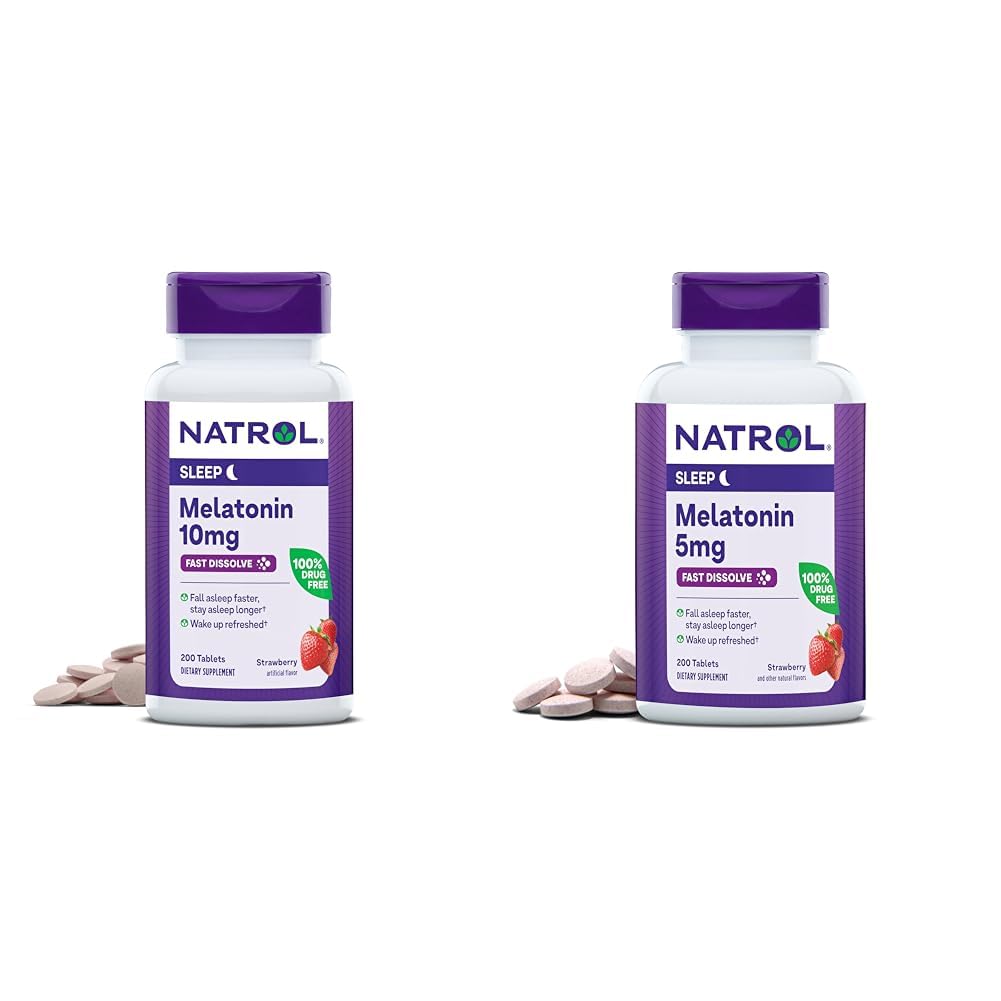 Natrol Melatonin 10mg 200 Comprimés et 5mg 200 Comprimés Fraise-Flavored Fast Dissolve Sleep Support Dietary Supplément Bundle