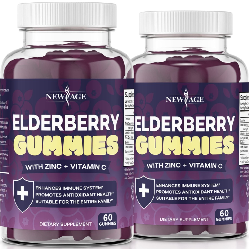 NIEUWE AGE (2-pack) Premium Vlierbessen Gummies voor volwassenen Kinderen met vitamine C, zink, propolis - Sambucus Black Vlierbessen Gummy Extract - Glutenvrij & vegetarisch - 120 Gummies