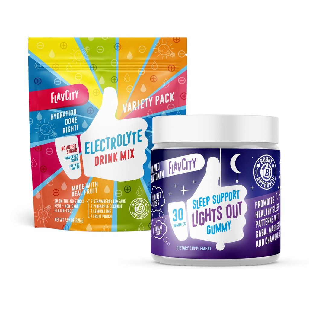 FlavCity Hydrate & Rest Bundle with Electrolytes Powder Packets & Sleep Gummies for Adults - 28 Hydration Packets with Real Fruit & Unrefined Sea Salt - Melatonin & Plant-Based GABA Chewables