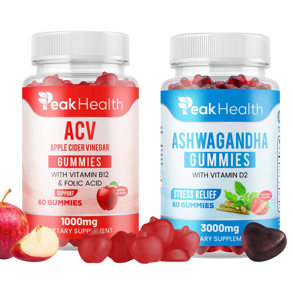 Peakhealth Apple Cider Vinegar + Ashwagandha Gummies Bundle, Vegan Gelatin-Free, 60+60 Count, Mixed Berry & Apple, with Vitamin D2, B12, B6 & Folate, Metabolism & Calm Support