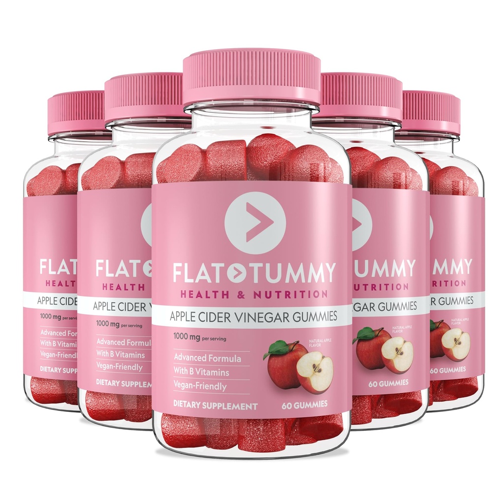 Flat Tummy Apple Cider Vinegar Gummies, ACV Gummies, Detox, Support Gut Health – Vegan-Friendly, Non-GMO - Beet and Pomegranate Superfood Powders, Vitamins B6, B9 & B12, 60 Count (Pack of 5)