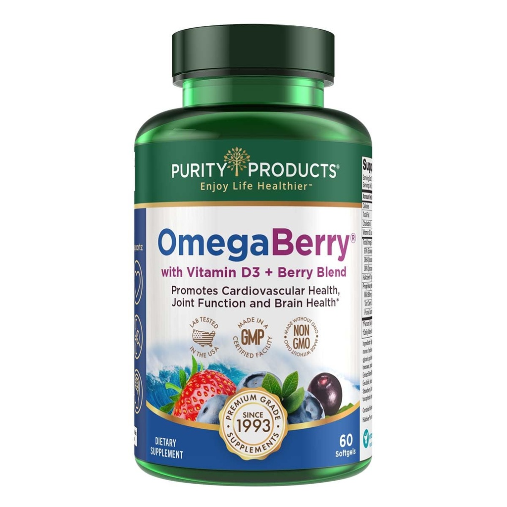 Zuiverheid Producten OmegaBerry Visolie met Vitamine D3 en Biologische Acai - 1250mg Geconcentreerde Moleculair Gedistilleerde Ultra Pure Omega-3 Visolie, 500mg DHA + 650mg EPA - 60 Zachte Gels - 30 dagen Levering van