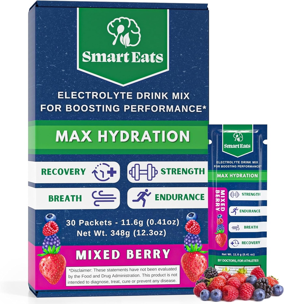 Smart Eats Electrolyte Powder - 1.690mg Elektrolyten, 9 Essentiële Mineralen & Vitaminen, 5 Antioxidanten, Snelle & Energizing Hydration, Ontworpen door artsen, < 1 Gram Sugar, Sour Berry Flavor - 30 Packets