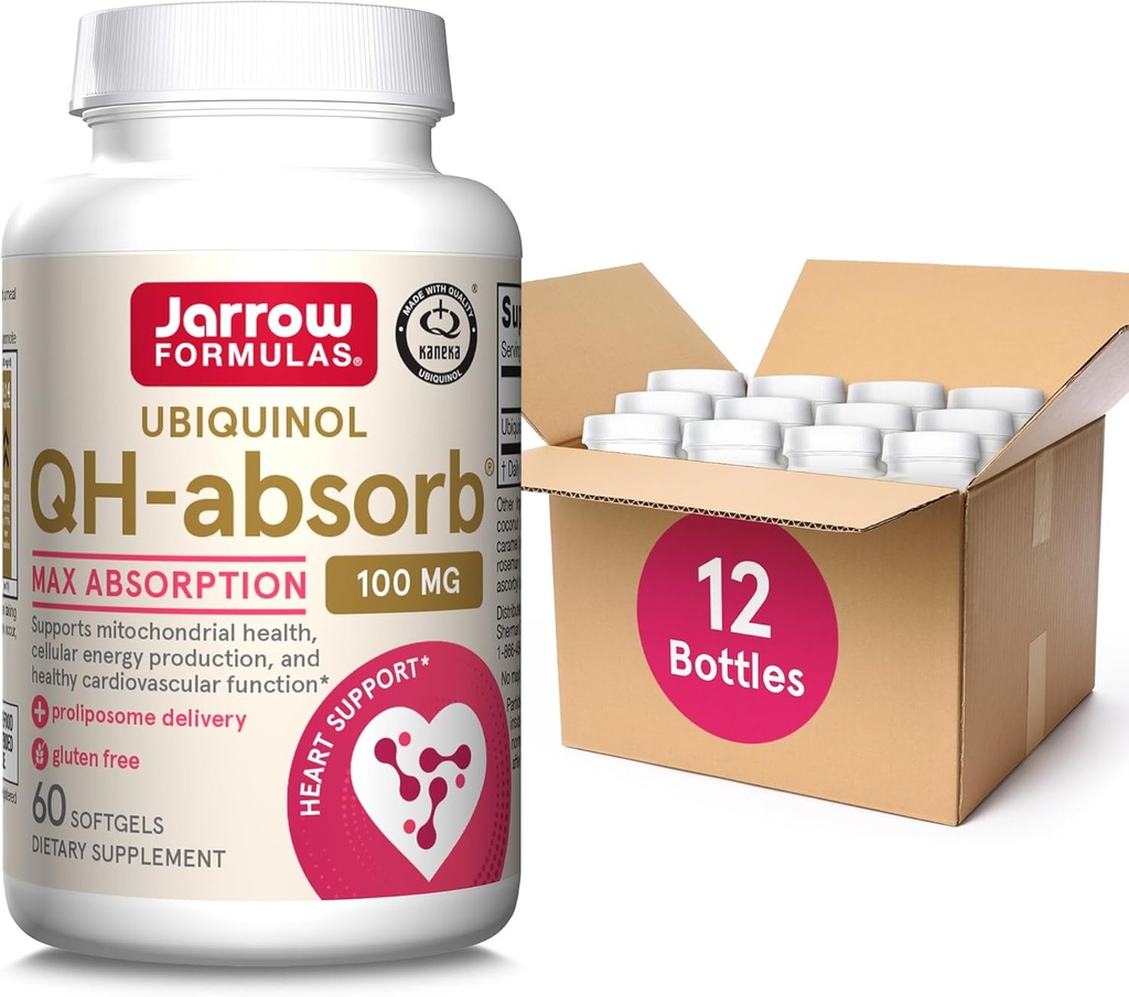 Jarrow Formulas QH-Absorb 100 mg Max Absorptie- CoQ10 Ubichinol- Tot 60 Servings (Softgels) - Ondersteunt Mitochondriale Gezondheid, Cellulaire Energie Productie & Gezonde Cardiovasculaire Functie, Pack van 12