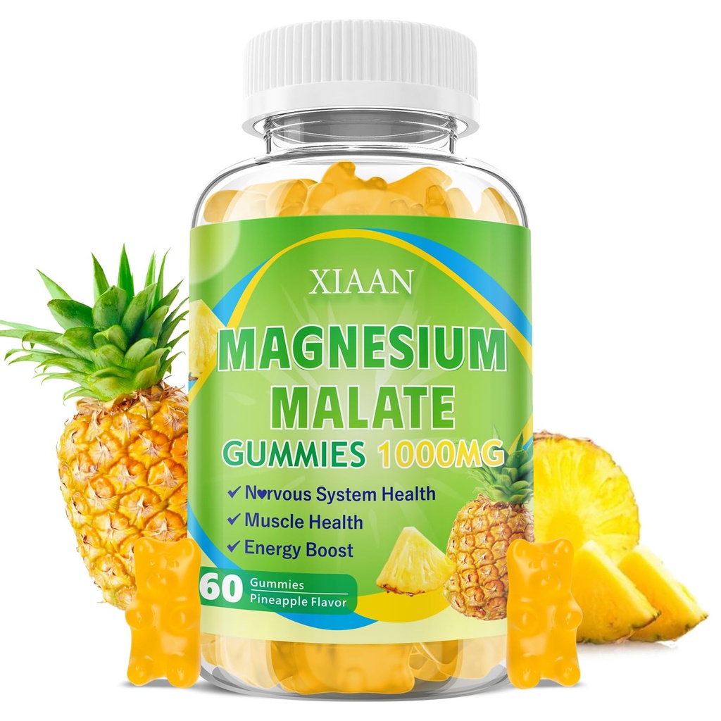 Magnesium Malate Gummies 1000mg, Chewable Magnesium Malate Supplements with CoQ10, L-Theanine & Vitamin B6 for Energy Boost & Muscle Health, Sugar-Free/Vegan, Pineapple Flavor 60 Count