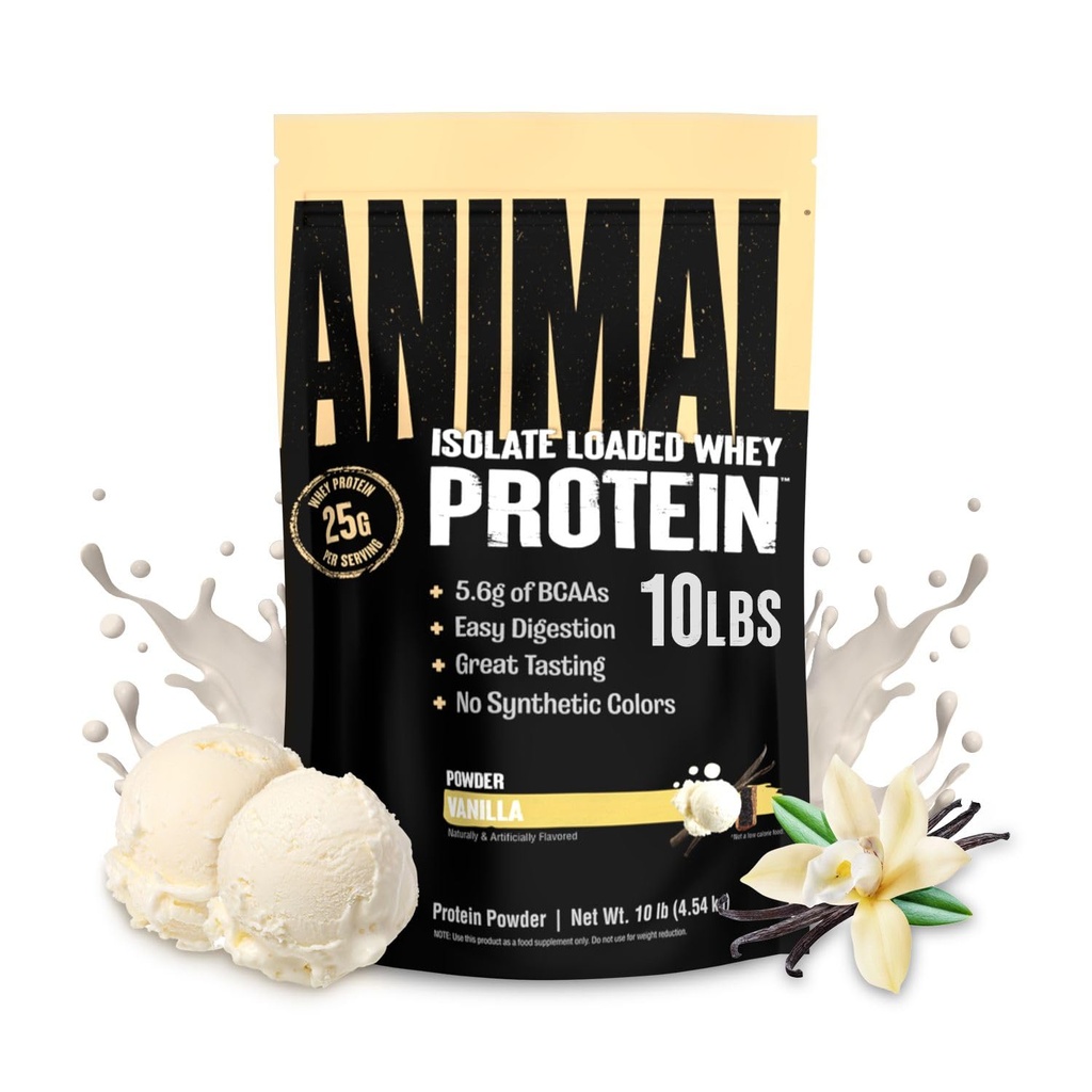 Animal Whey Isolate Protein Powder - Loaded for Pre & Post Workout Muscle Builder and Recovery with Digestive Enzymes for Men & Women - 25g Protein, Great Taste, Low Sugar - Vanilla 10 lbs