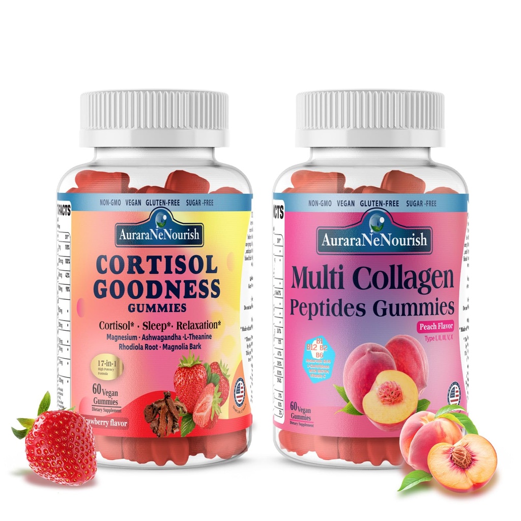 2 Pack Multi Collagen Peptides Gummies + Cortisol Detox Gummies for Women Men, Vegan, Non GMO, Sugar Free