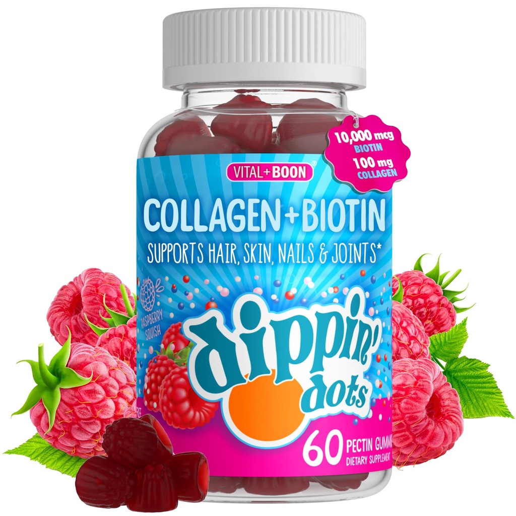 Vital+Boon Dippin' Dots - Biotin Collagen Gummies for Women and Men - Hair, Skin & Nails Support - 10,000 mcg Biotin - Vegetarian, Non-GMO, Gluten-Free (60 Count)