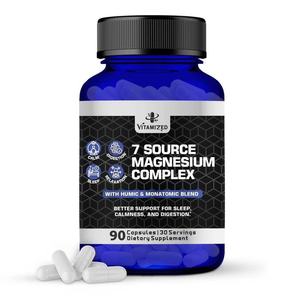 Magnesium Complex for Sleep, Relaxation, Digestion & Calm – Magnesium Glycinate, Citrate, Bisglycinate, Carbonate, Malate, Orotate, Taurate, + Humic/Fulvic for High Absorption - 90 ct.