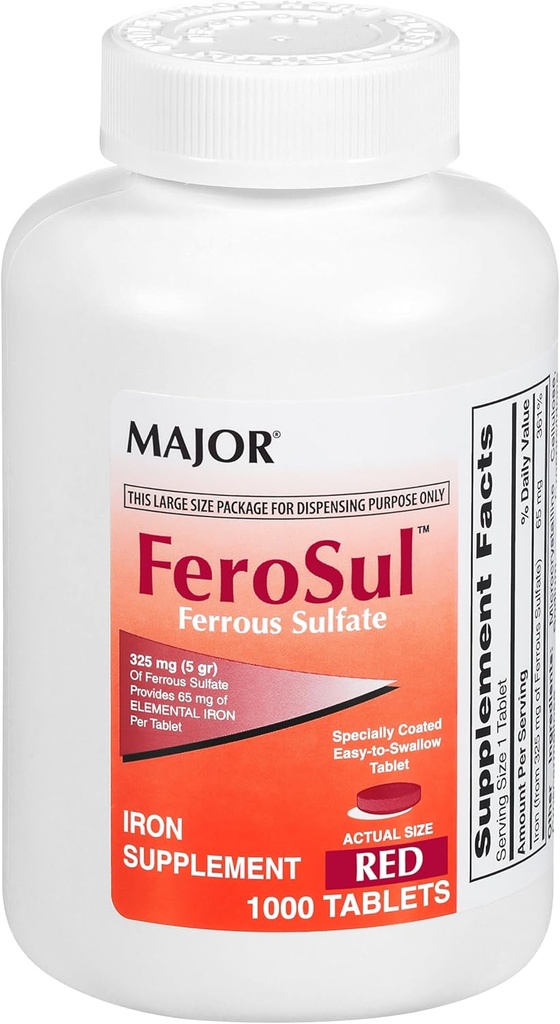 Major FeroSul - Ferrous Sulfate 325 mg tabletten - IJzersupplement voor vrouwen en mannen - Speciaal gecoate makkelijk doorslikken tabletten - rood - 1000 Tabletten