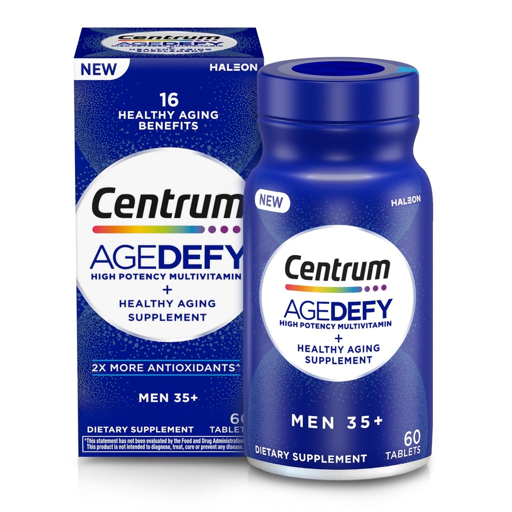 ​​​Centrum Age Defy for Men 35+ - High-Potency Multivitamin and Healthy Aging Supplement – Multivitamin with Resveratrol, and Niacin for NAD+ Level Support - Aluminum Bottle, 60 Tablets​