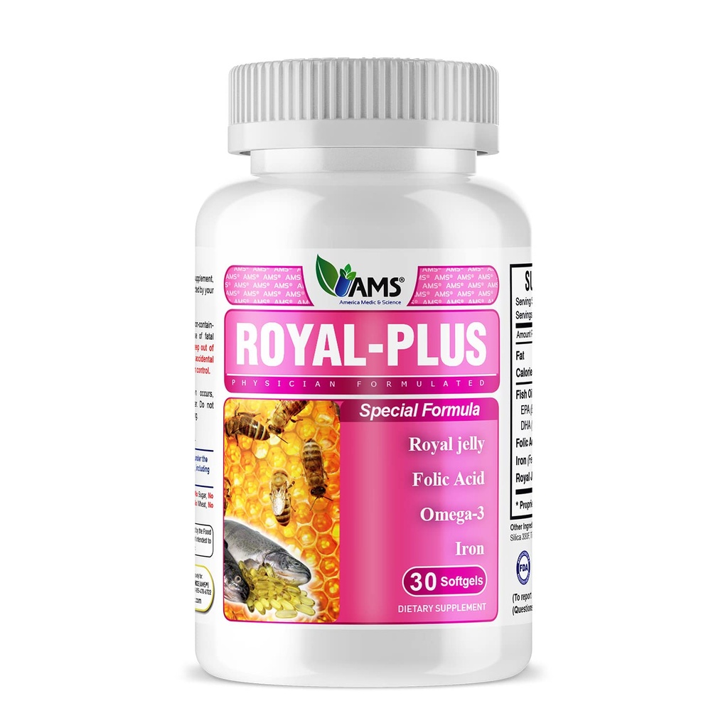 America Medic & Science Royal-Plus (30 softgels) ► Royal Jelly Vitamines prénatales pour les femmes ► Suppléments de fer à l'huile de poisson Acides gras oméga-3 et acide folique