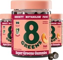 8Greens Supergreens Gummies Super Greens Poudre Superfood Gummy pour le métabolisme, l'immunité et le focus, enzymes de santé digestive, biologique: Chlorella, Spiruline, Aloe Vera, Peach Flavor, 150 Comte