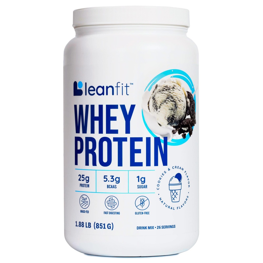 LeanFit WHEY Protein Cookies & Cream - 100% Whey Protein Powder, 25g Protein Per Serving - Grass-Fed, Gluten-Free, BCAAs, Amino Acid - 26 Servings, 1.88 lb Tub
